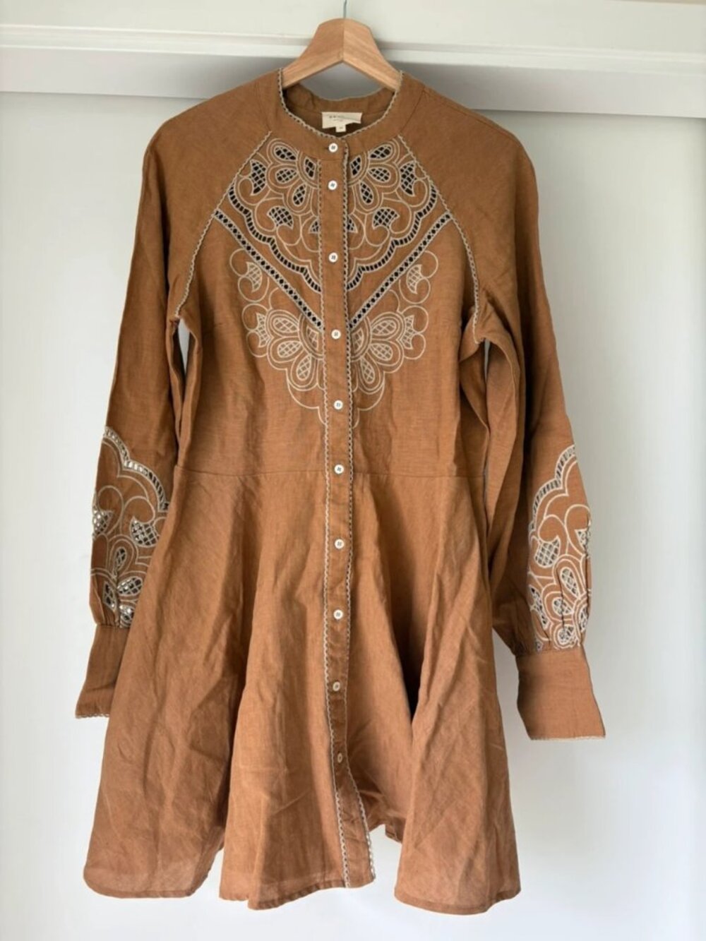 Sezane Embroidered Cotton Linen Midi Dress Brown L